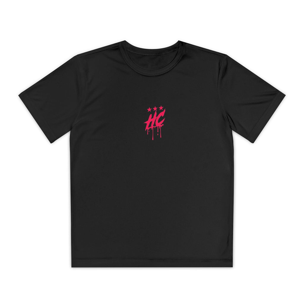A black youth athletic tee featuring a bold pink HC emblem with dripping paint and three stars above it on the front. The shirt is designed for movement, emphasizing a sporty and playful style.