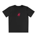 A black youth athletic tee featuring a bold pink HC emblem with dripping paint and three stars above it on the front. The shirt is designed for movement, emphasizing a sporty and playful style.