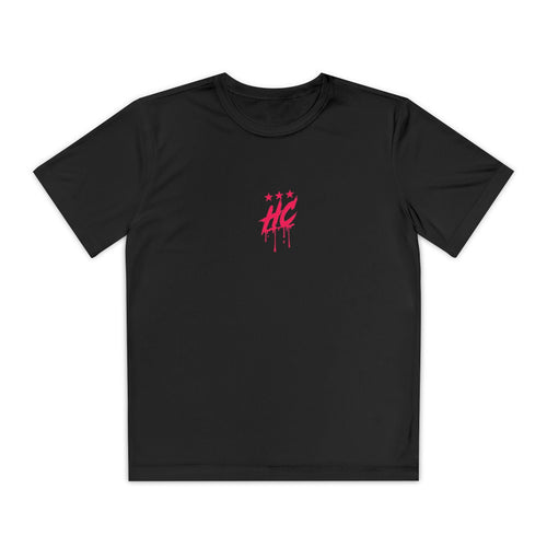 A black youth athletic tee featuring a bold pink HC emblem with dripping paint and three stars above it on the front. The shirt is designed for movement, emphasizing a sporty and playful style.