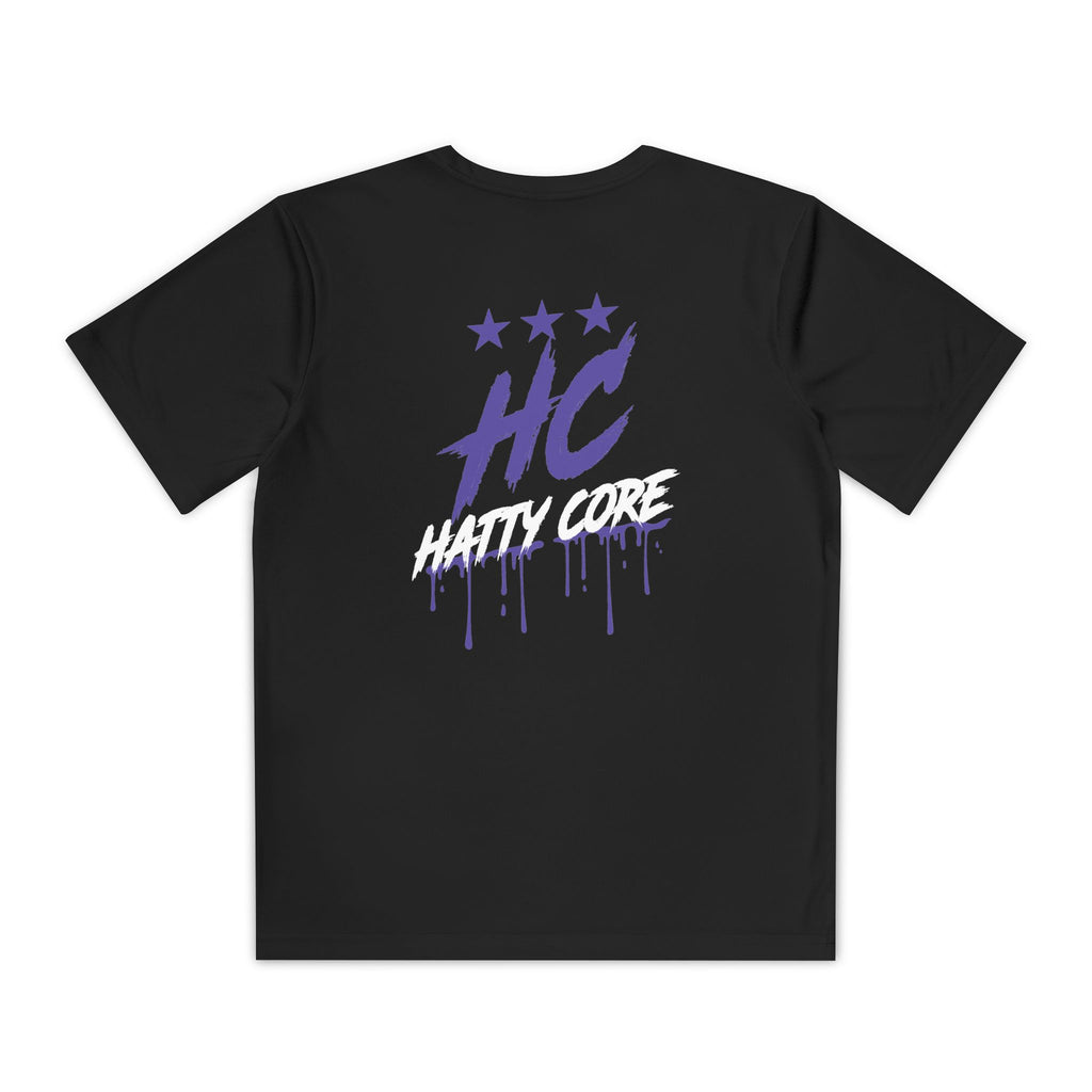 A black youth athletic tee featuring a bold HC emblem above three stars on the back. The playful streetwise typography below reads HATTY CORE with a dripping purple design, emphasizing a trendy and energetic style.
