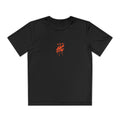 A black youth athletic tee featuring a bold orange HC emblem with dripping paint design, complemented by three star graphics above it. The shirt is designed for comfort and movement, suitable for active wearers.