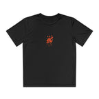 A black youth athletic tee featuring a bold orange HC emblem with dripping paint design, complemented by three star graphics above it. The shirt is designed for comfort and movement, suitable for active wearers.