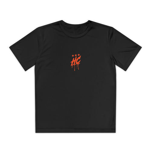 A black youth athletic tee featuring a bold orange HC emblem with dripping paint design, complemented by three star graphics above it. The shirt is designed for comfort and movement, suitable for active wearers.