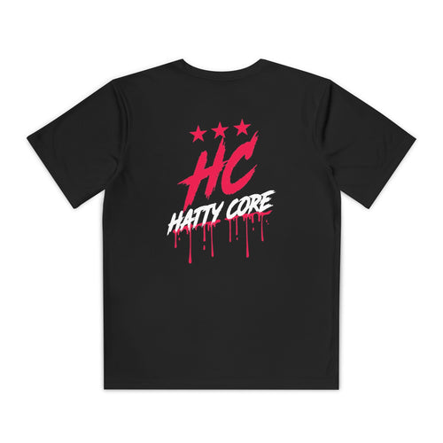 A black youth athletic tee features a bold, pink HC emblem and the words HATTY CORE in a playful, streetwise font on the back. The design includes three stars above the text, adding a stylish touch to the shirt.