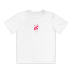 A white youth athletic tee featuring a bold pink HC emblem with drips and three stars above it on the front. The shirt is designed for movement and breathability, ideal for active young skaters.