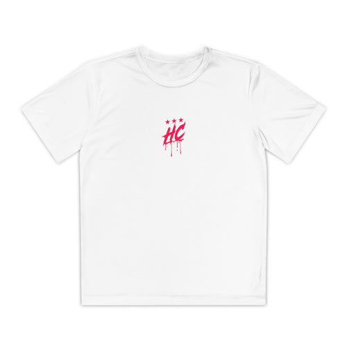 A white youth athletic tee featuring a bold pink HC emblem with drips and three stars above it on the front. The shirt is designed for movement and breathability, ideal for active young skaters.