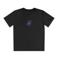 A black youth athletic tee featuring a bold purple HC emblem with dripping design and three stars above it, showcasing a stylish and dynamic look suitable for active wear. The shirt emphasizes comfort and breathability for young skaters.