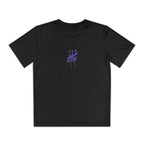 A black youth athletic tee featuring a bold purple HC emblem with dripping design and three stars above it, showcasing a stylish and dynamic look suitable for active wear. The shirt emphasizes comfort and breathability for young skaters.