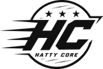 A bold, stylized logo featuring the letters HC in black, representing Hatty Core. The design includes three stars above the letters and dynamic lines suggesting motion, all set against a circular background.