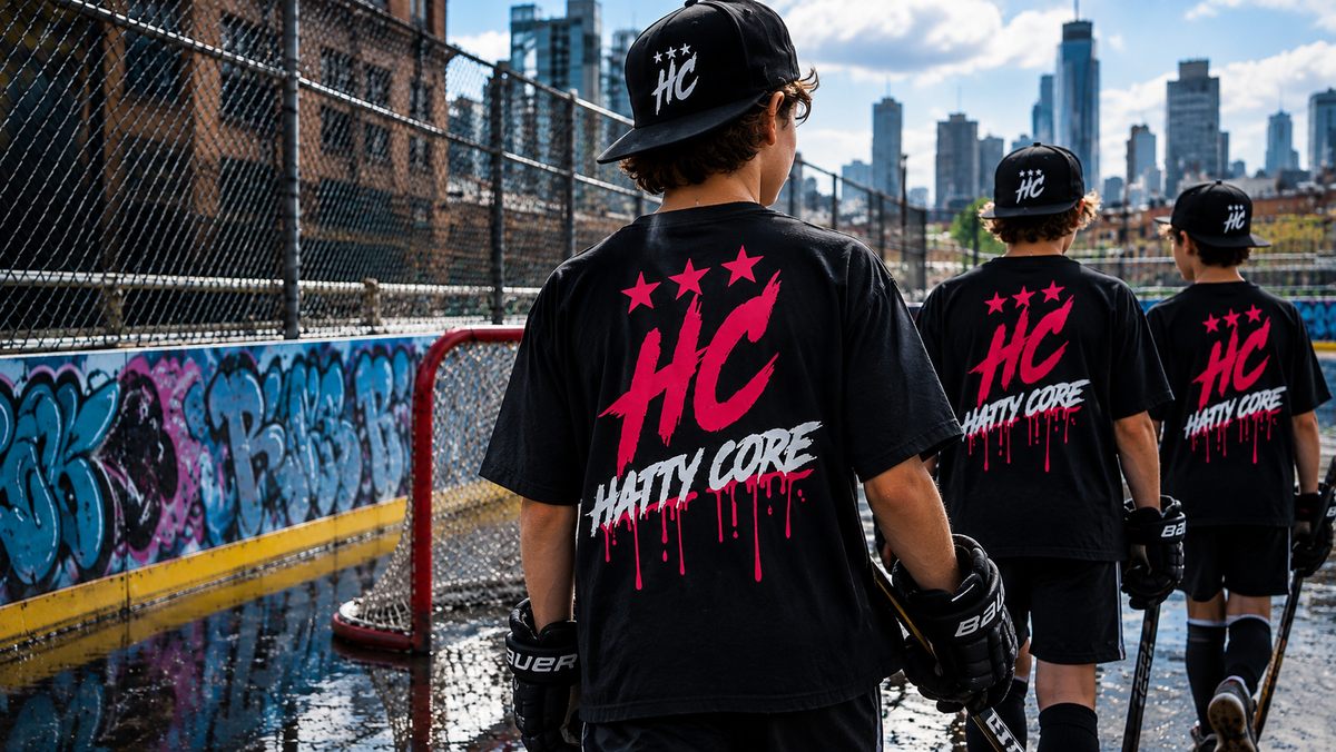 Three young hockey players walk away from a colorful graffiti-covered rink, wearing matching black t-shirts emblazoned with HC in bold pink letters. They are dressed in hockey gear, with a city skyline visible in the background.